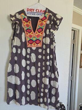 THML Gray Polka Dot Dress with Multicolor Embroidered Yoke